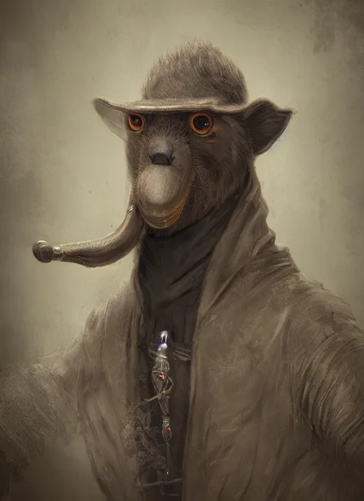 Image similar to detailed full body concept art illustration, dark soft focus, oil painting on canvas of an anthropomorphic capybara plague doctor in full intricate clothing, biomutant, dystopian, micro detail, octane render, 4K