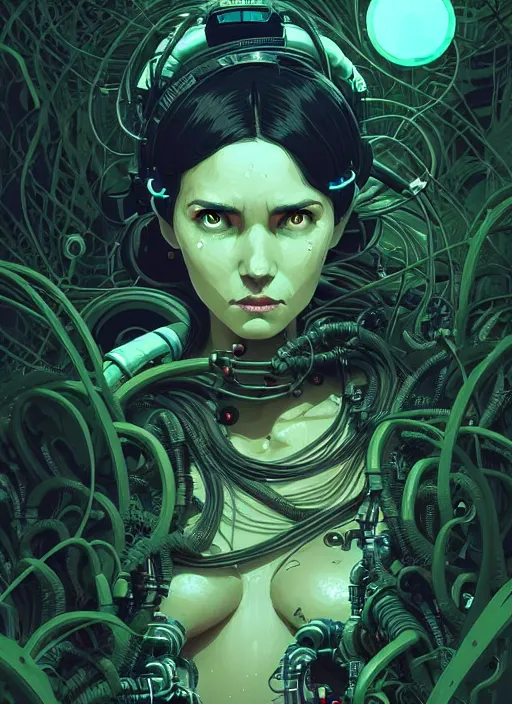 Image similar to highly detailed portrait of a biopunk cyborg long wavy dark hair tribal lady, stray wiring by atey ghailan, james gilleard, by joe fenton, by greg rutkowski, by greg tocchini, by kaethe butcher, 4 k resolution, gradient green, black and white color scheme!!! ( ( forested robotic dense jungle background ) )