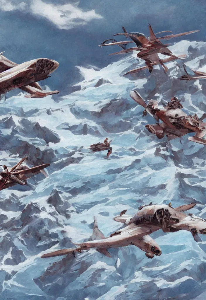 Prompt: cool plane dream ice frozen lake in the style of Frank Frazetta