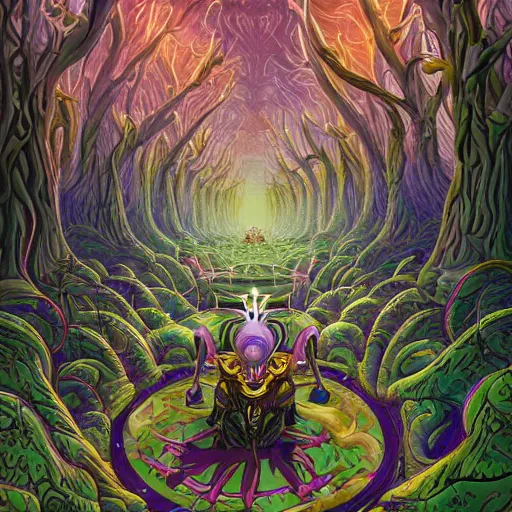 Image similar to dmt-machine-elves by artist-Nathan-Spoor, crawling across the circus floor, climbing up the winding trees