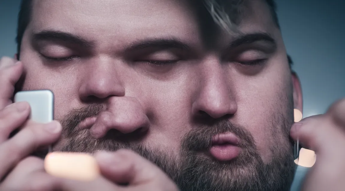 Prompt: Closeup shot of fat face staring at his phone in dark room, illuminated by his phone screen, facial hair, Canon, 100mm, octane render, photorealistic, detailed, cinematic, 8k no blur, volumetric lighting