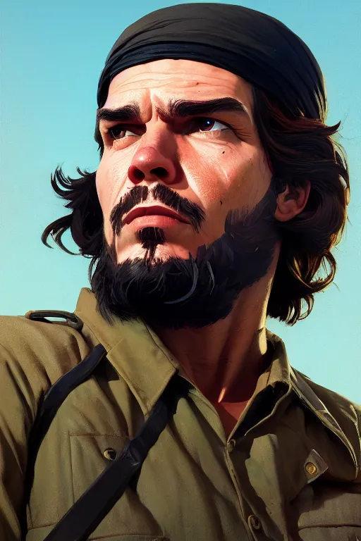 Image similar to highly detailed portrait che guevara in gta v, stephen bliss, unreal engine, fantasy art by greg rutkowski, loish, rhads, ferdinand knab, makoto shinkai and lois van baarle, ilya kuvshinov, rossdraws, tom bagshaw, global illumination, radiant light, detailed and intricate environment