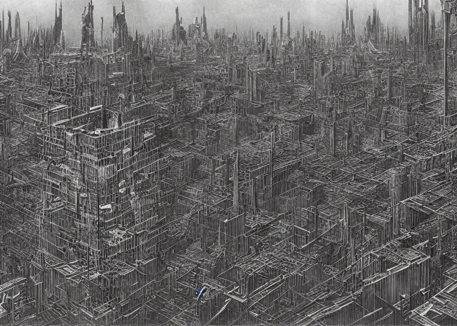 Prompt: dystopian metropolis, panoramic view, very complex architecture, ominous, dark, by bruce pennington, by m. c. escher, by roberto matta