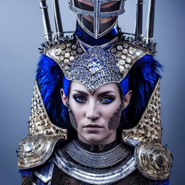 Prompt: full length photo of a beautiful warrior queen wearing sapphire encrusted armour, highly detailed, 8 k, hdr, smooth, sharp focus, high resolution, award - winning photo