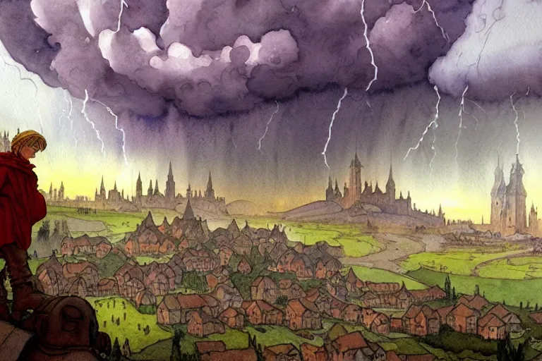 Prompt: a hyperrealist watercolor concept art of dozens of alien ufos in the sky above a medieval city during a thunderstorm. a dirty medieval peasant child is in the foreground. very muted colors, by rebecca guay, michael kaluta, charles vess. high detail, hq, wide shot, 4 k