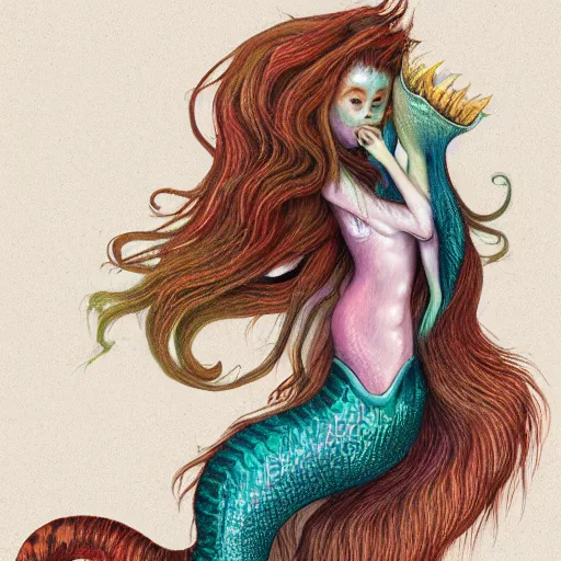 Image similar to cat seahorse mermaid shapeshifter wearing a comfy sweater, long-haired humanoid fursona by Peter Mohrbacher and Louis Wain, furaffinity, trending on artstation