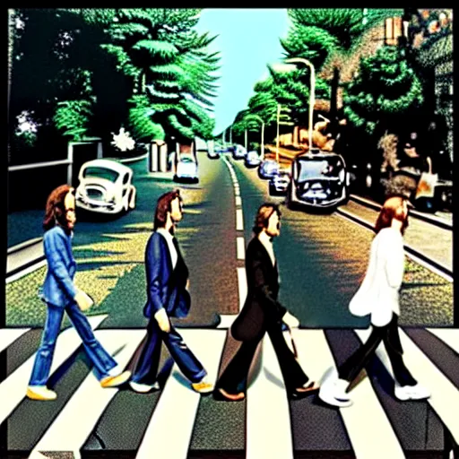 Image similar to The cover of Abbey Road in the style of Tim Burton, HD, Hyper realistic, intricate detail