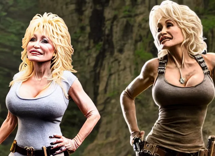 Image similar to film still of!!!! dolly parton!!! as lara croft in new tomb raider movie, 8 k