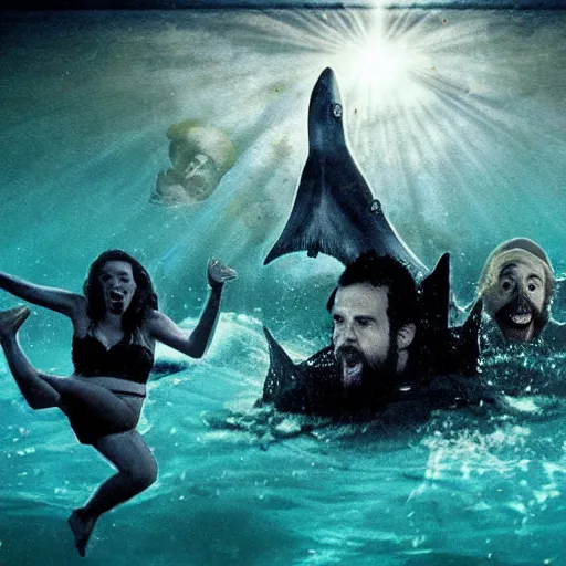 Image similar to everyone from Its Always Sunny in Philadelphia floating underwater and being eaten by ghost sharks. Photograph.