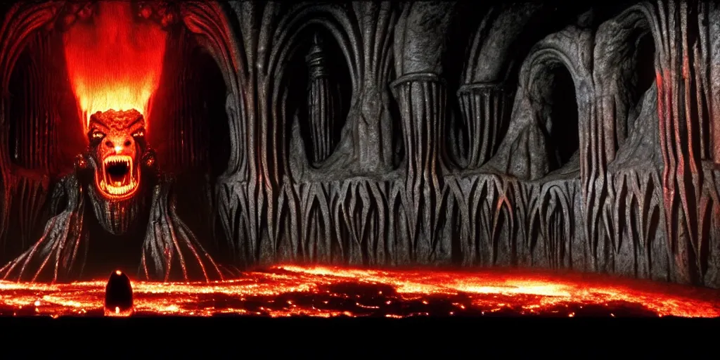 Image similar to huge balrog in the great hall of moria, columns along both sides of the great hall, balrog is breathing fire, style of h. r. giger, cinematic, movie still, cgi, directed by ridley scott