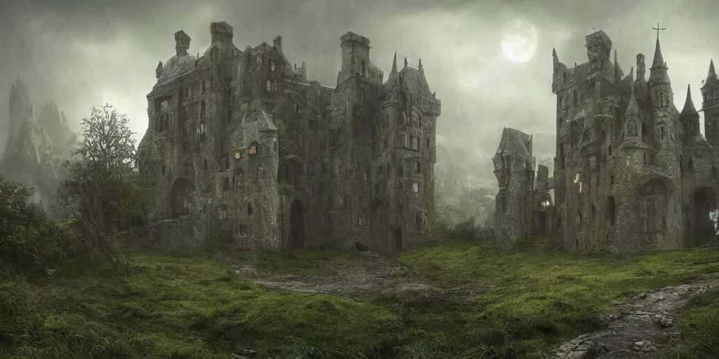 Image similar to matte painting, castle, dramatic landscape, overgrown, cinematic, overcast, interior light, rain, slight fog, artstation