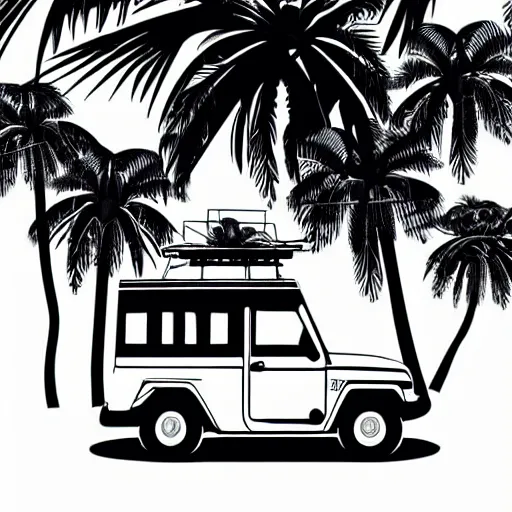 Image similar to a jeepney, palm tree, philippine sun and filipino girl wearing traditional clothes, stylized vector art, white background, trending on artstation