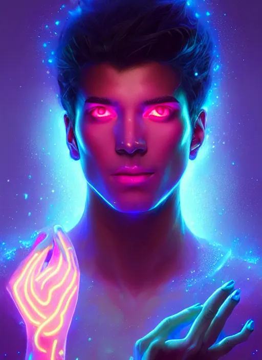 Image similar to a male faceless glowing liquefied stardust adventurer, dnd fantasy character, full body portrait, glowing neon skin, magical aura, ultra realistic, intricate, elegant, highly detailed, digital painting, artstation, smooth, sharp, focus, illustration, art by artgerm and greg rutkowski and alphonse mucha