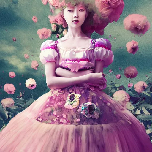 Image similar to 8 k, octane render, realism, tonalism, renaissance, rococo, baroque, cotton candy, creepy young lady wearing long harajuku manga dress with flowers and skulls ( background chaotic flowers )