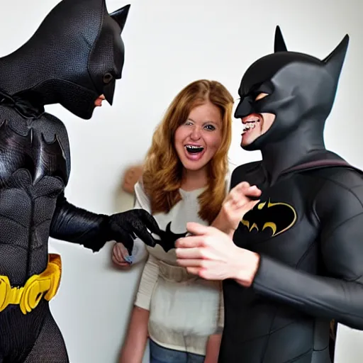 Prompt: Photography, A Batman talking with a Spider woman, big smile