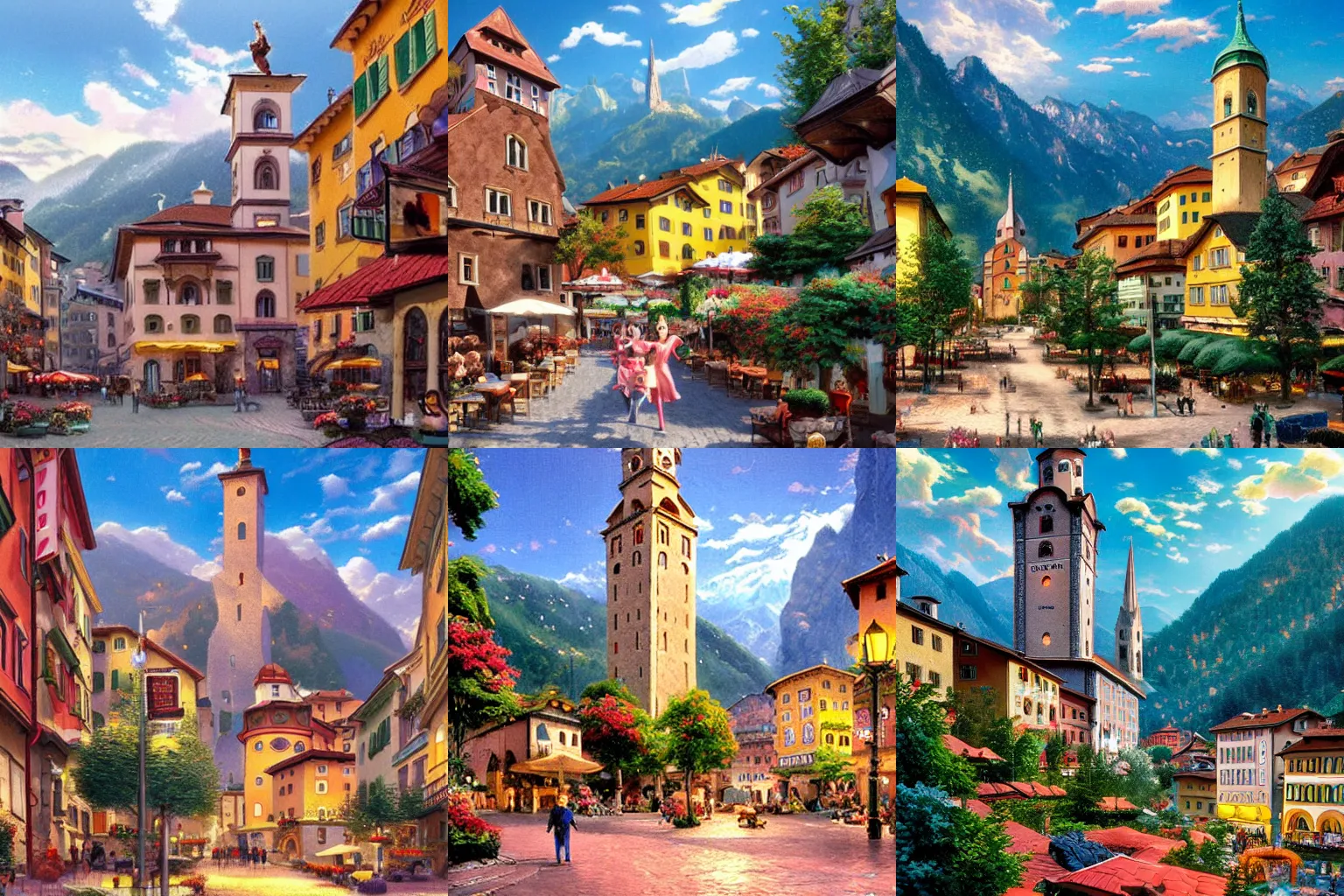 Prompt: In the city of Bolzano the main character from the animated Pixar movie is running, directed by Thomas Kinkade