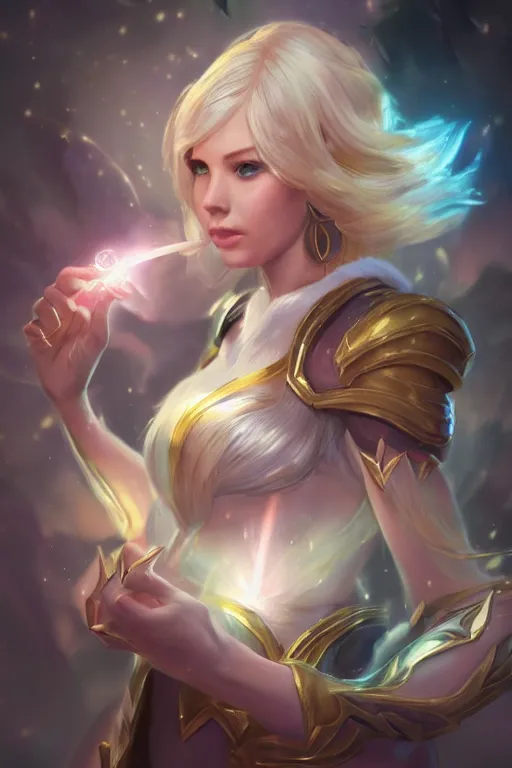 Prompt: portrait of lux from league of legends, wielding light magic, photorealistic fantasy castle city, full body, powerful, fantasy, intricate, elegant, highly detailed, digital painting, artstation, concept art, sharp focus, illustration, art by irina french