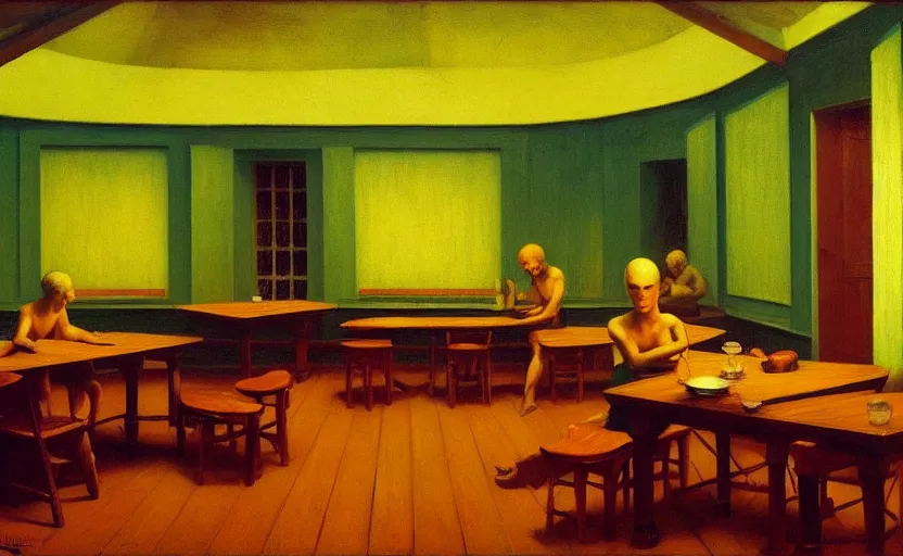 Prompt: Inside a tavern, Edward Hopper and James Gilleard, Zdzislaw Beksinski, Mark Ryden, Wolfgang Lettl highly detailed, hints of Yayoi Kasuma