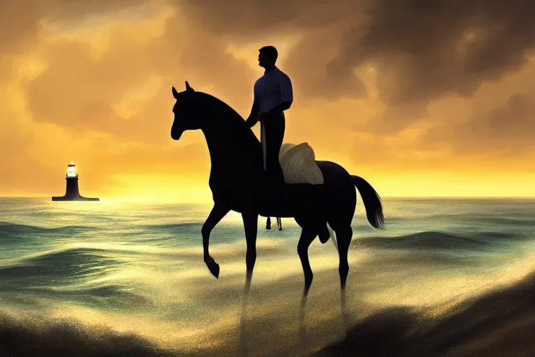 Image similar to photo of man riding a horse along the beach, glowing underwater waves toward a lighthouse in the distance guiding his way, silhouette, wide horizon, large white clouds, night, intricate, elegant, highly detailed, digital painting, artstation, concept art, smooth, sharp focus, illustration, art by artgerm and greg rutkowski and fra angelico