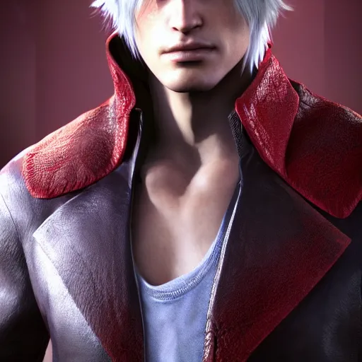 Image similar to portrait of dante from devil may cry 4, medium length hair, photorealistic, high quality, unreal engine, highly detailed face, sharp focus, depth of field, ambient lighting, ray tracing, 4k, hdr, artstation trending,
