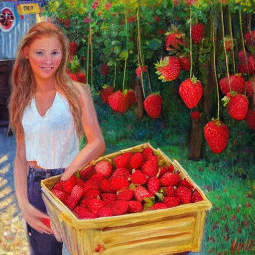 Prompt: Cute Blonde Girl 21 years old with locks sells Strawberries in a fruit stand, the fruit stand is a giant Strawberry, oil on canvas, Impressionism