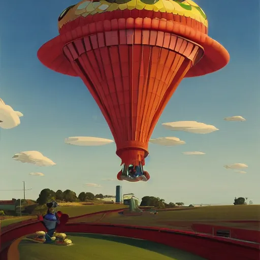 Image similar to Giant objects of amusement fly through the air, as a tornado approaches, by Takashi Murakami, Edward Hopper, Bo Bartlett, and Cynthia Sheppard, Artstation