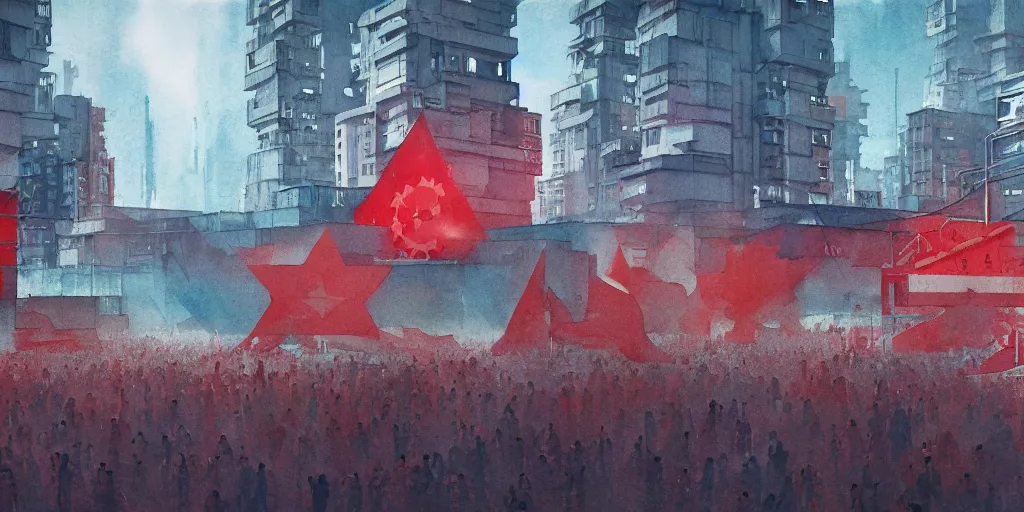 Image similar to landscape of a communist cyberpunk soviet city with neon hammer and sickle signs, crowds of people, brutalist architecture, watercolor, ultra realistic, highly detailed, hd, sharp focus, cinematic lighting, mood lighting, realistic, photorealistic, vivid colors, painting, photograph, digital art, non blurry, sharp, artstation, concept art, smooth, illustration