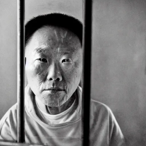 Prompt: a portrait of very very very old justin sun in futuristic prison looking through the bars of his cell, by annie leibovitz, shallow depth of field, cinematic lighting