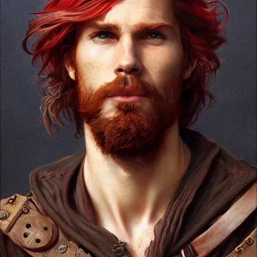 Image similar to portrait of a young ruggedly handsome but joyful pirate, male, masculine, upper body, red hair, long hair, d & d, fantasy, piercing eyes, intricate, elegant, highly detailed, digital painting, artstation, concept art, matte, sharp focus, illustration, art by artgerm and greg rutkowski and alphonse mucha