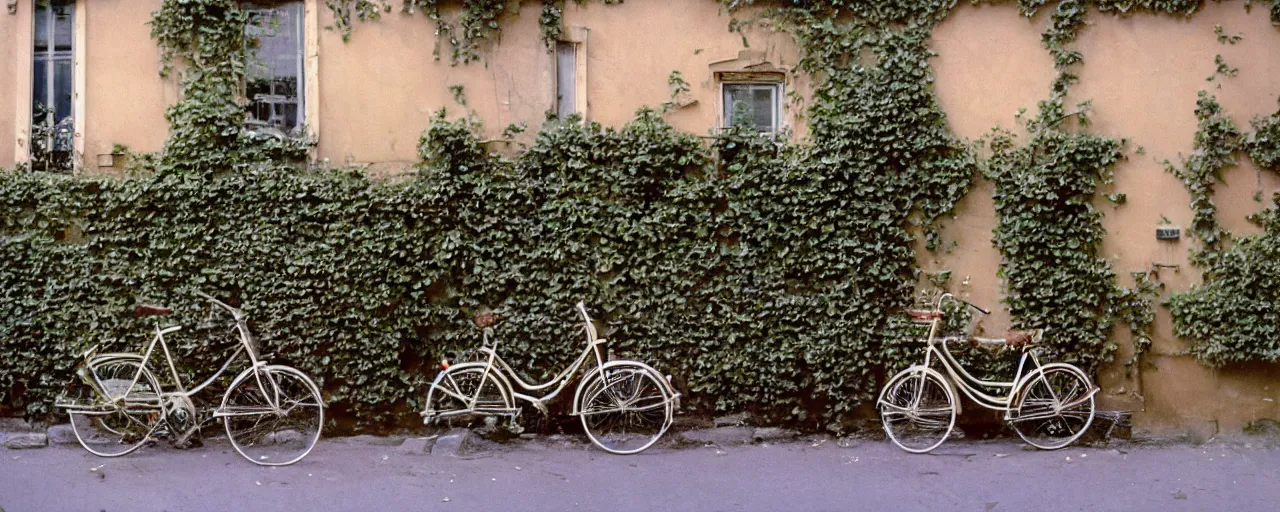 Prompt: growing!!!!! spaghetti!!!!! over ivy on a parisian side street, 1 9 5 0 s, canon 5 0 mm, bicycle, kodachrome, in the style of wes anderson, retro