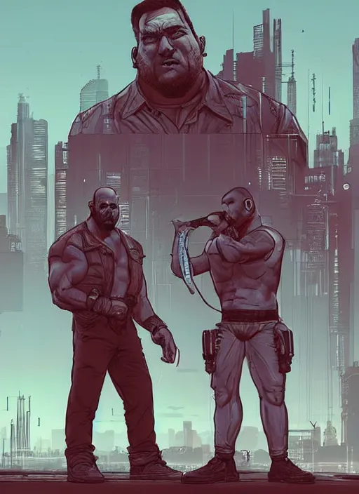 Image similar to Dumb Bubba. Buff cyberpunk meathead trying to intimidate hacker. Large man looms over hacker. Realistic Proportions. Concept art by James Gurney and Laurie Greasley. Moody Industrial skyline. ArtstationHQ. Creative character design for cyberpunk 2077.