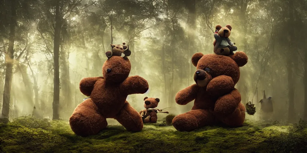 Image similar to a giant ant is riding a giant teddy bear in a forest, moody, cinematic light, matte painting, concept art, highly detailed, fantasy art, 8k