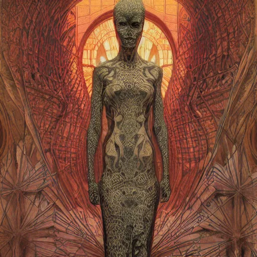 Prompt: portrait of tall, long-necked lipless mutant woman covered with elaborately patterned brown and white scales wearing gauze toga and standing in cyberpunk art deco mosque by Beksinski, Bruegel, Greg Rutkowski, Alphonse Mucha, and Yoshitaka Amano
