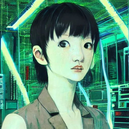 Image similar to portrait of lain iwakura, background room full of cables and computers, bright displays, blue and green tones by yoshitoshi abe, ruan jia and joao ruas, atmospheric