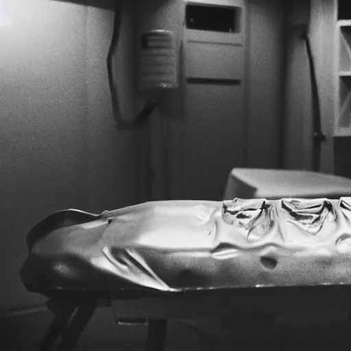 Image similar to photo of an alien autopsy, black and white, wide angle