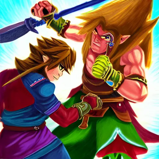 Prompt: lonk fighting ganondorf, digital art