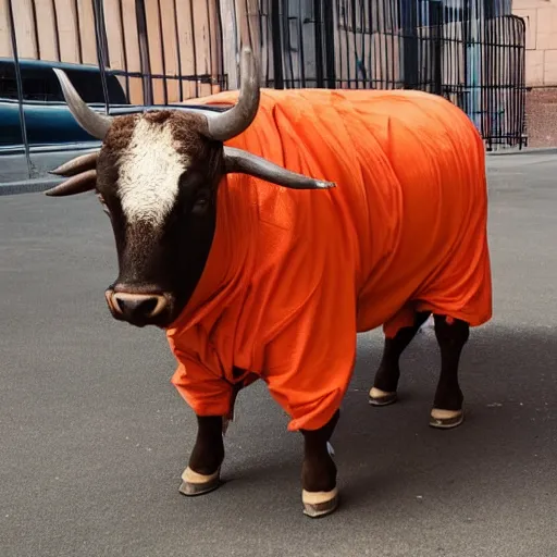 Image similar to bull in a bullring wearing orange inmate clothes