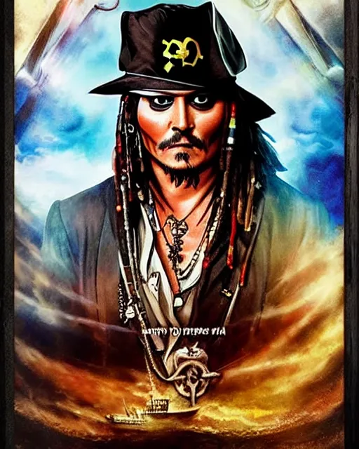 Image similar to < pirates of the prompt >!!!!! film poster featuring johnny depp, airbrush, drew struzan illustration art, key art, movie poster