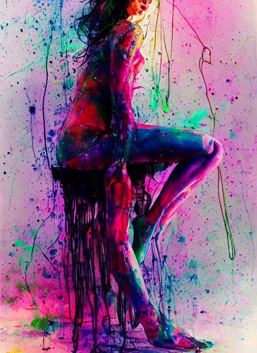 Image similar to adriana lima by agnes cecile, sitting on a stool, bent over posture, full body portrait, extremely luminous bright design, pastel colours, ink drips, autumn lights