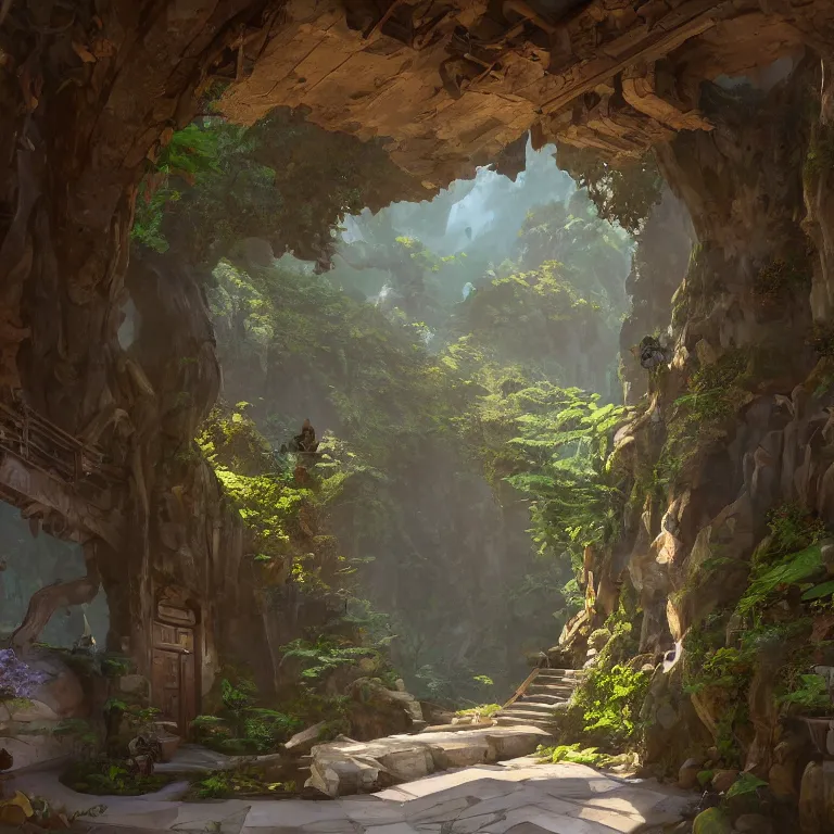 Image similar to secret overwatch hallway for living quarters carved inside a mountain surrounding a lush garden, trimmed, magical, natural light, cozy, fantasy, minimalist architecture, sharp focus, concept art, by greg rutkowski and craig mullins,, octane render 8 k