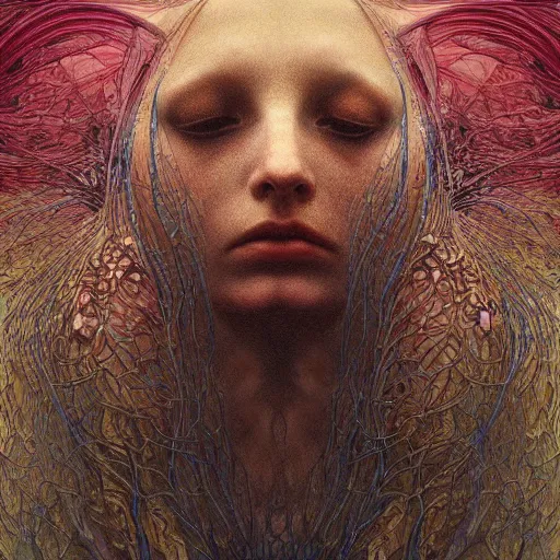 Image similar to by zdzisław beksinski, iris van herpen, raymond swanland and alphonse mucha. highly detailed, hyper - real, beautiful