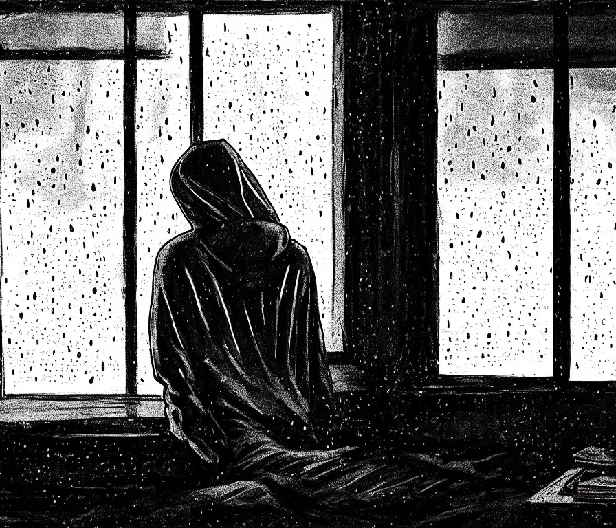 Image similar to sadie sink in hoodie sits on windowsill, knees tucked in | rain falls at night : storyboard, scifi cyberpunk. by gabriel hardman, joe alves. cinematic atmosphere, detailed and intricate, perfect anatomy