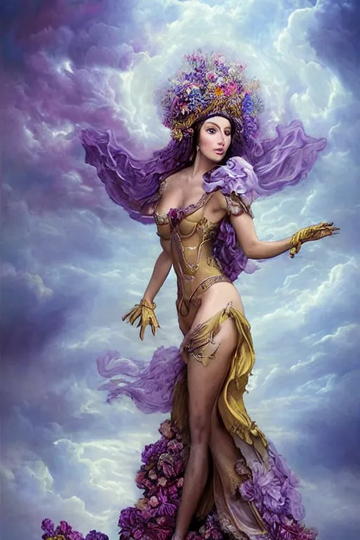 Prompt: full body pose fine art photo of the cher goddess, she has a crown of stunning flowers and frilly dress of purple satin and gemstones, background full of stormy clouds, by peter mohrbacher