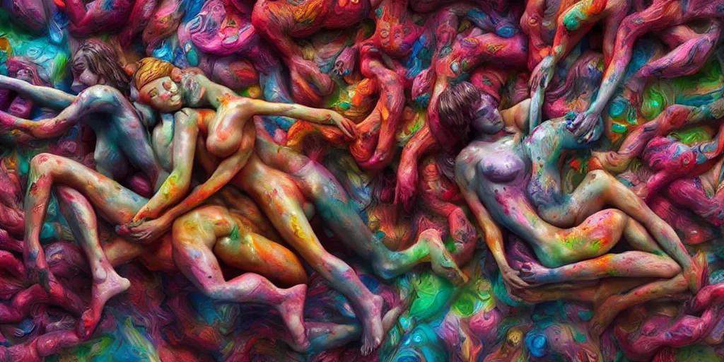 Image similar to closeup photograph of a surrealist sculpture human bodies intertwined, a lovely cornucopia of flowers and human body parts, body parts, paint pour, swirling paint, highly detailed, octane render, cinematic