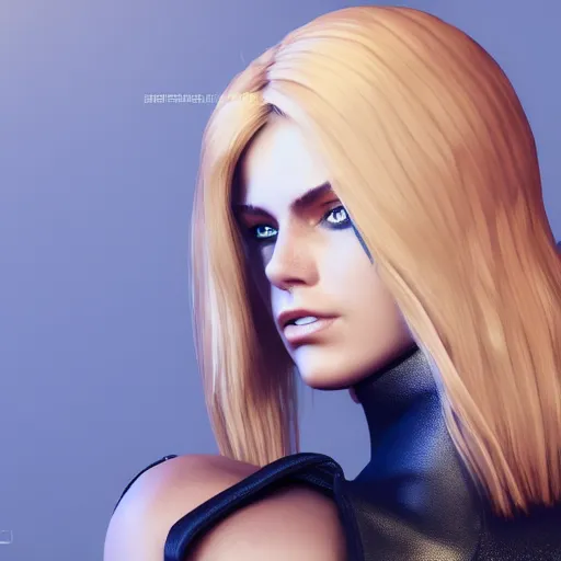 Prompt: beautiful blonde model, 2 arms, tight navy-blue leather outfit, full body and face and head, photorealistic, extreme detail, octane render, artstation, unreal engine