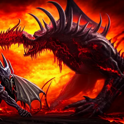 Image similar to a hyper realistic photo of the demon lord aatrox fighting against leg guy the unbeatable on a barren hellscape surrounded by a ring of fire, ultra detailed, hdr, 8 k