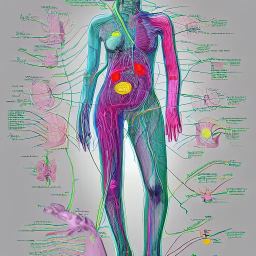 Image similar to how the nervous system works, sketch, medical drawing with annotations, digital Painting, artstation, ultradetailed by Pipilotti Rist