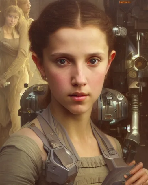 Image similar to a realistic oil painting of a girl resembling alicia vikander or millie bobby brown in a futuristic mechanical spaceship engine, highly detailed, intricate, artstation, by donato giancola and william adolphe bouguereau