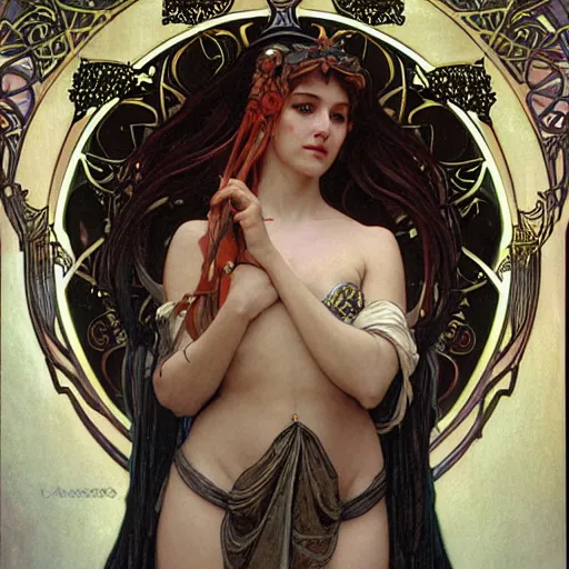 Image similar to awe-inspiring award-winning concept art nouveau painting of attractive figure called the goddess of the moonbow, darkness, by Alphonse Mucha, Michael Whelan, William Adolphe Bouguereau, John Williams Waterhouse, and Donato Giancola, cyberpunk, fierce, extremely moody lighting, glowing light and shadow, atmospheric, shadowy, cinematic, 8K,