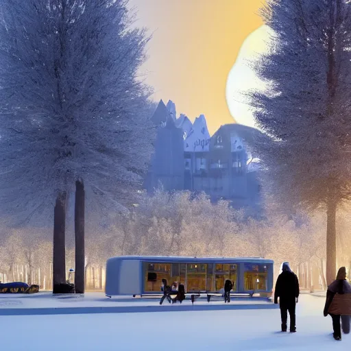 Image similar to winter town centre inspired by Peter Zumthor,bus,people walking winter sunset,full moon,p